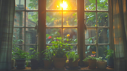 Flowers in pots on the windowsill in the morning, vintage tone