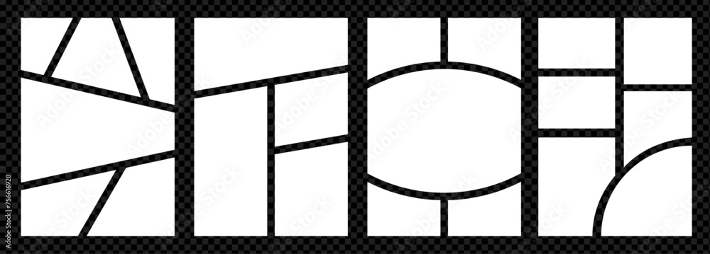 Aufkleber Set of Grid template for photo collage. Vector mood board. Page with frames. Simple layout mosiac with roundes on transparent bg.