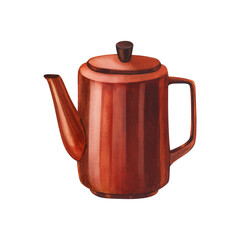 Vintage red coffee pot, rustic kitchen utensils. Watercolor hand-drawn illustration isolated on white background. Perfect for recipe lists with drinks, brochures for cafe.