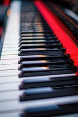 Close-up of piano keys with a red reflection, creating a vibrant contrast.