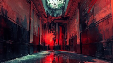 Bloody corridor in an abandoned building. Horror scene