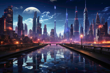 A futuristic, illuminated road in a cityscape at night, surrounded by towering skyscrapers and neon lights, creating a cyberpunk vibe.