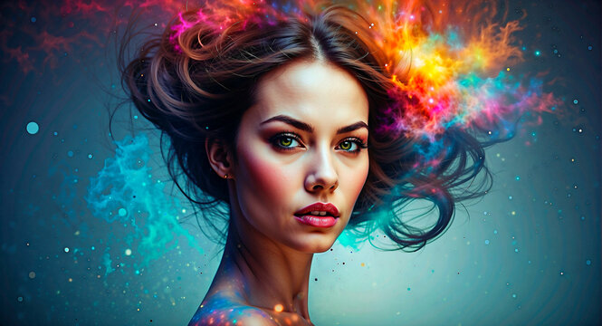 Fantasy Abstract Stunning Double Exposure Portrait of a Woman with Colorful Digital Paint Splash or Space Nebula