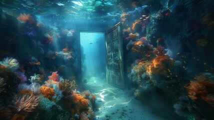 Naklejka na ściany i meble Surrealist journey through a door leading to an underwater world