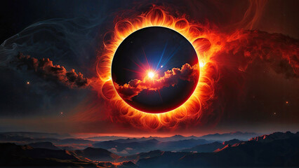 Digital art of a dramatic solar eclipse with vibrant colors above a serene mountain landscape. A fire hurricane ravages the cloudscape in the sky. AI-Generated - 756617921