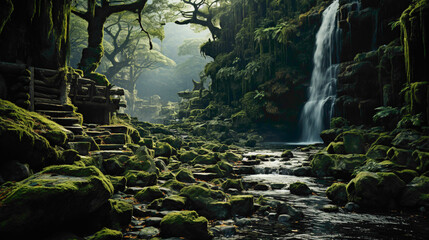 A hidden waterfall cascading down moss-covered rocks in the heart of a dense, emerald green forest.