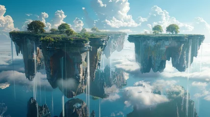 Gordijnen Surrealistic landscape with floating islands and upside-down waterfalls © Anuwat