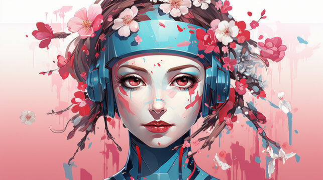 Beautiful girl listening to music with headphones and flowers. Vector illustration. Generate AI