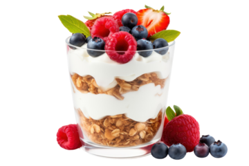 Yogurt Parfait Beautifully layered with fresh fruit, granola, and whole grains. Isolated on a transparent background.