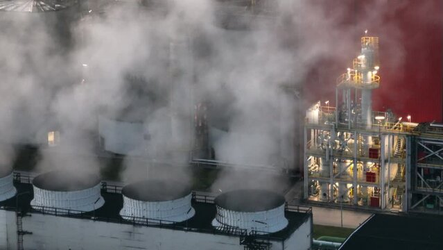 Aerial drone view of methanol and ethanol factory. Polish producer of bioethanol and ethanol produced from corn grain. The production plant is located near Nysa in Poland. Methanol and ethanol plant.	