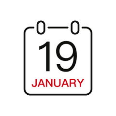 January 19 date on the calendar, vector line stroke icon for user interface. Calendar with date, vector illustration.