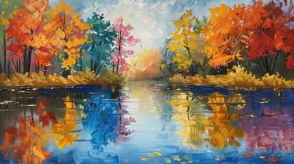 Textured painting of autumn trees reflecting on water.