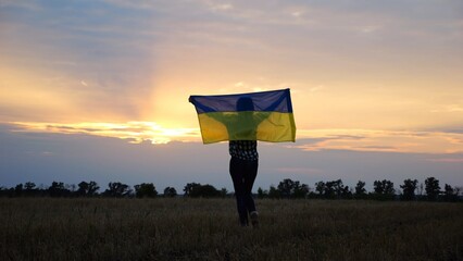 Ukrainian woman going with raised flag of Ukraine above head on wheat field against background of beautiful sunset. Lady walking with national banner as a symbol of victory against russian aggression. - 756618576