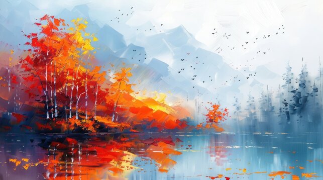 Abstract painting with autumn trees and a cool blue ambiance