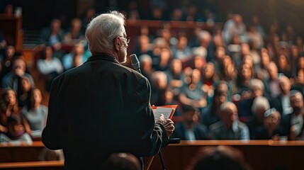 Senior man giving a speech to an audience. - obrazy, fototapety, plakaty