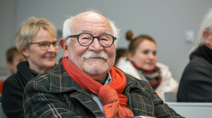 Smiling elderly man with glasses at an event. - obrazy, fototapety, plakaty