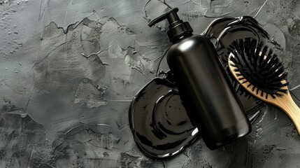 Sleek black bathroom accessories on a textured surface.