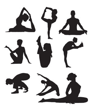 Set of poses woman doing yoga and fitness. Collection of female