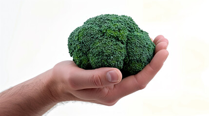 Naklejka na ściany i meble Hand holding a fresh broccoli floret.