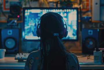 Obraz premium girl in front of the computer with headphones