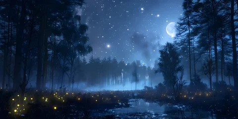 Foto op Plexiglas A forest at night with a full moon in the sky. The moon is shining brightly and the stars © Wuttichai