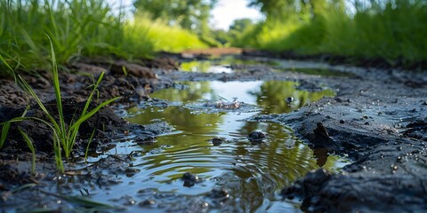 Obraz premium A stream of water is flowing through a grassy field. The water is clear and the sun is setting, casting a warm glow over the scene