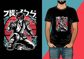 cartoon Japanese Martial art action  vector t-shirt design