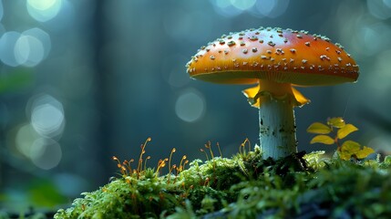 A red mushroom is sitting on a green mossy ground. The mushroom is surrounded by a lot of green moss and it looks like it is growing on the ground - Powered by Adobe