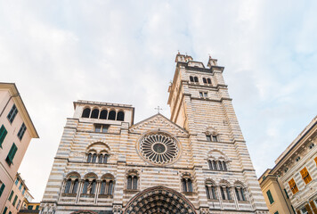 Genoa, Italy. View of the facade of Genoa Cathedral or Metropolitan Cathedral of Saint Lawrence.