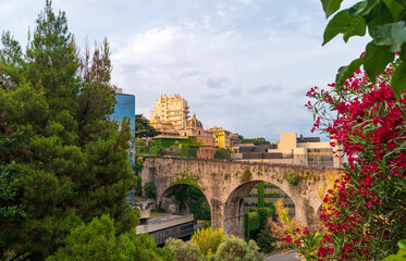 Cityscape of Genoa overlooking the Viaduct Via Eugenia Ravasco with oleander flowers in the foreground, Italy.