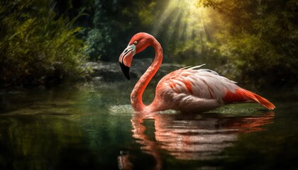 Portrait of a beautiful flamingo in the water; tropical bird with natural background