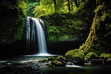 A mesmerizing waterfall hidden deep within a lush green canyon, surrounded by vibrant wildflowers and the soothing sound of cascading water.
