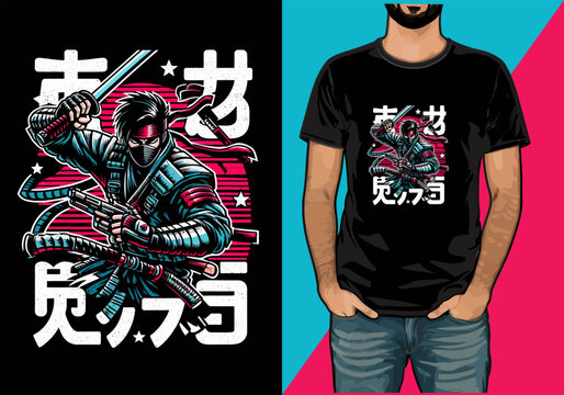 cartoon Japanese Martial art action  vector t-shirt design