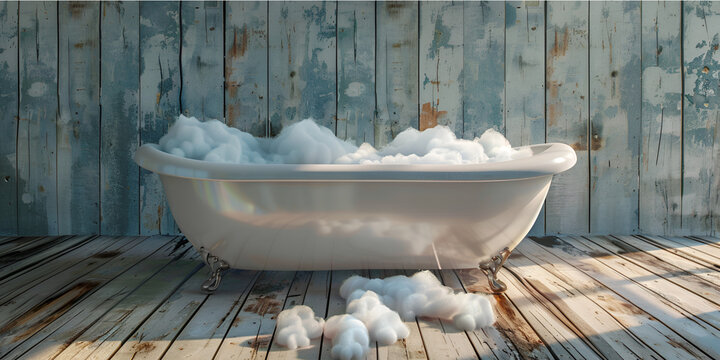 White bathtub full foam wooden background
