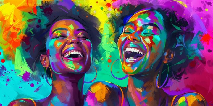 Colorful artwork of two beautiful black women laughing Generative AI