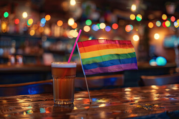 A beer and a lgbtq flag on a wooden table in a bar. Pride celebration, toast. Generative AI.
