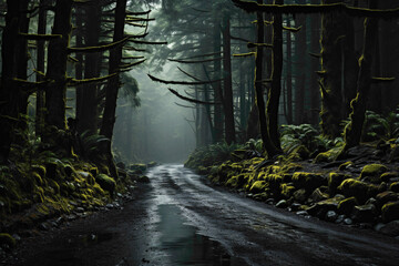 A mysterious road disappearing into a dense foggy forest, with trees shrouded in mist, creating an ethereal and mysterious ambiance.