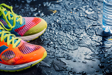 Colorful fitness shoes and a bottle of water - obrazy, fototapety, plakaty