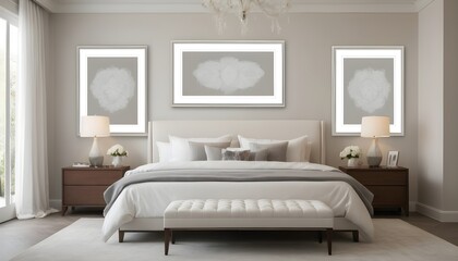 A luxurious bedroom suite with a king-sized bed and plush furnishings, featuring mockup white blank museum art frames above the headboard, setting a serene ambiance.
