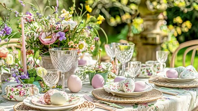 Easter tablescape decoration, floral holiday table decor for family celebration, spring flowers, Easter eggs, Easter bunny and vintage dinnerware, English country and home styling