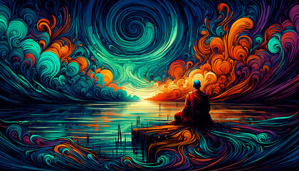 An painting depicts a monk meditating by the water against a vibrant swirl abstract background. Conceptual art that highlights the importance of focusing on your goals and avoiding distractions.