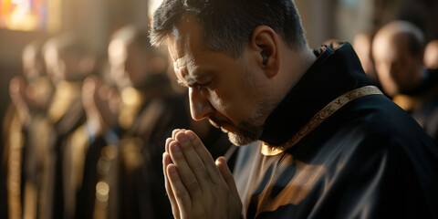 A middle-aged priest praying earnestly during mass at a cathedral - obrazy, fototapety, plakaty