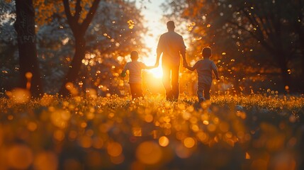 Young beautiful family with a little kid hug, kiss and walk in nature at sunset - obrazy, fototapety, plakaty