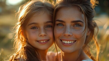 Fototapeta premium Young beautiful family with a little kid hug, kiss and walk in nature at sunset