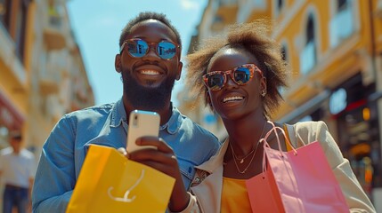Happy and beautiful young couple enjoy shopping with her friend