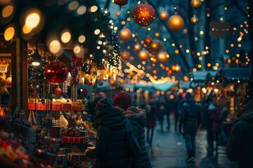 A vibrant scene at a Christmas market in December, with many people joyfully wandering around stalls filled with festive decorations and treats.