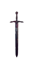 Fantasy Gothic medieval fantasy long sword. With dents, worn, cracked and weathered. Isolated transparent background PNG file. Sharp blade tip. Roman empire sword. 