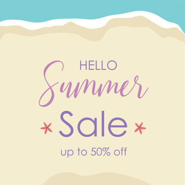 Hello summer sale background. Summer banner with sea and sand . Summer sale banner. Vector illustration summer greeting.