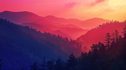 Obraz premium Colorful Sunset Over Mountain Range With Trees