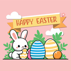 Banner of a very happy and friendly rabbit with colorful eggs to celebrate a happy Easter